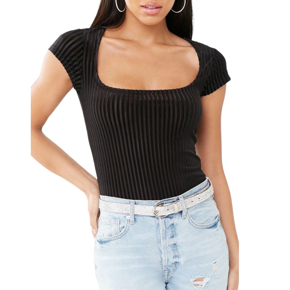 Forever 21 | Women Blouse Velvet Striped Ribbed Black
Square Neck Short Sleeve